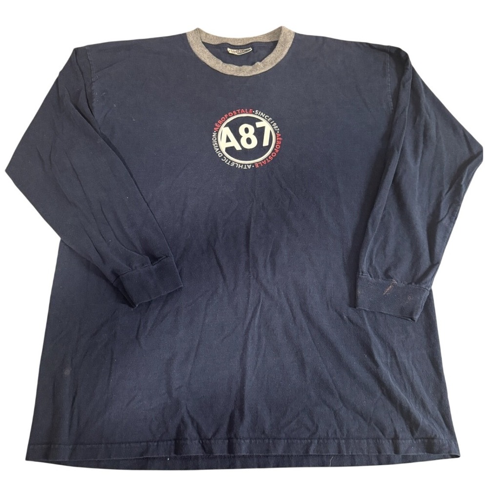 Aeropostale Aero Graphic Navy Blue Long Sleeve Ringer T-Shirt Mens XL A87 Sporty